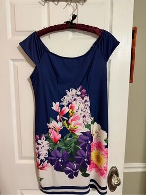 Navy Floral Cap-Sleeve Women’s Dress, XXL- stretchy